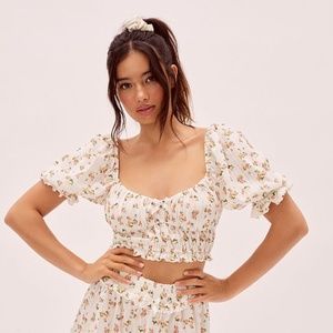 For Love And Lemons Lola Pointelle Crop Top White Floral Large NEW